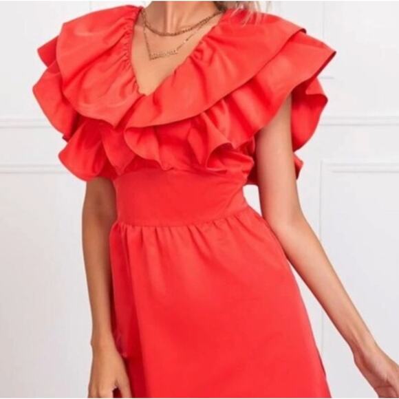 Zara Ruffle V-Neck Mini Dress Red Size XS - Picture 3 of 9